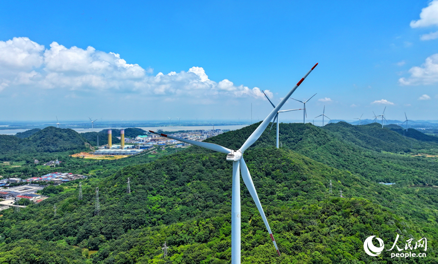 位于九江市彭澤縣的中廣核彭澤泉山風力發電項目風電場，風葉迎風旋轉，轉化成清潔電能輸入電網。人民網 朱海鵬攝