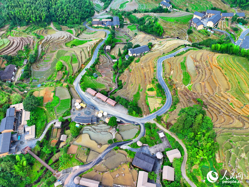贛州市崇義縣上堡鄉上堡梯田，層層疊疊的梯田與漫山竹木、錯落民居、蜿蜒公路相互映襯。人民網 朱海鵬攝