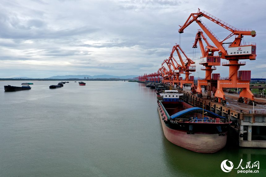 贛江南昌縣水域的姚灣綜合碼頭上，龍門吊正在裝卸貨船上的貨物。人民網記者 時雨攝