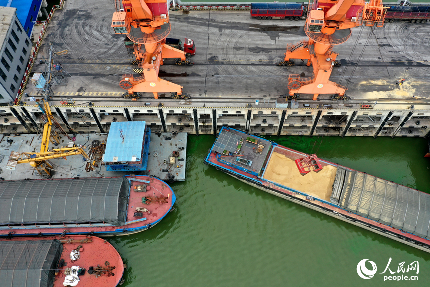 贛江南昌縣水域的姚灣綜合碼頭上，龍門吊正在裝卸貨船上的貨物。人民網記者 時雨攝