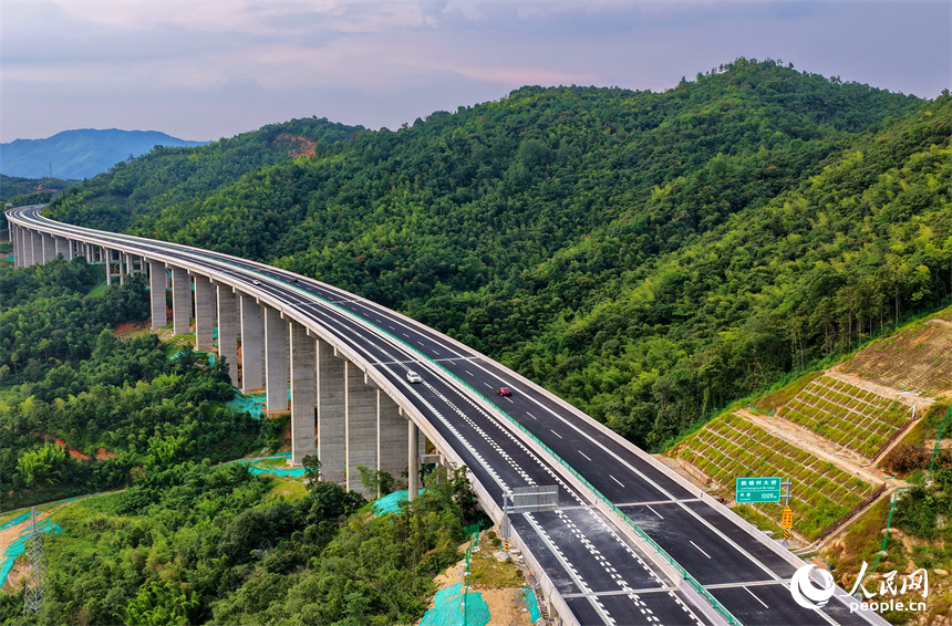 贛州市上猶縣陡水鎮，車輛行駛在建成通車后的遂大高速賴塘村大橋上。人民網 朱海鵬攝