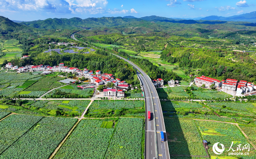 贛州市石城縣小松鎮許坊村，濟廣高速車輛穿行于層巒疊嶂的青山之間，初秋鄉村美景怡人。人民網 朱海鵬攝
