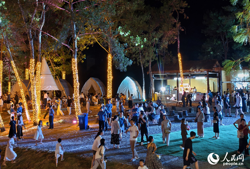 夜晚的荷源公園燈光璀璨，民眾在林下納涼。人民網記者 時雨攝