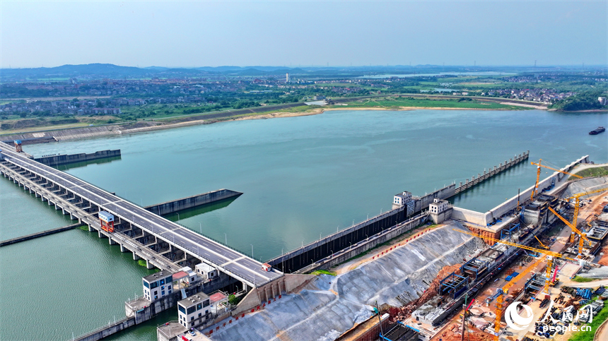 贛江龍頭山樞紐二線船閘項目工地塔吊林立，作業繁忙，工人在澆筑船閘主體。人民網 朱海鵬攝