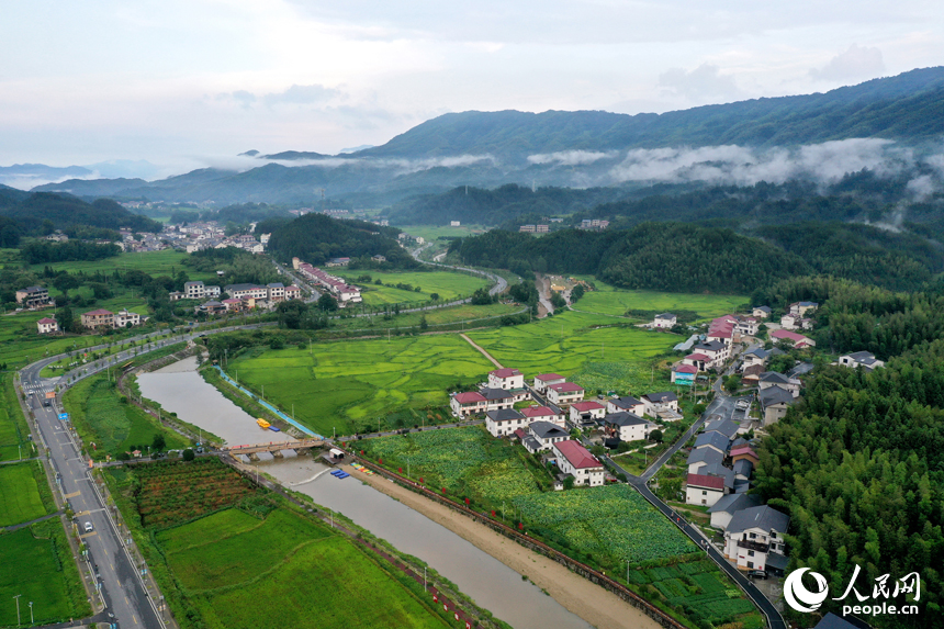 靖安縣中源鄉云霧繚繞，青翠的山林、層疊的田園與山間的民宿構成一幅水墨畫卷。人民網記者 時雨攝