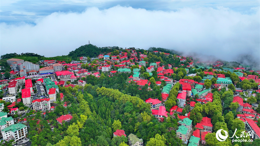 廬山市牯嶺鎮云霧繚繞，美輪美奐，與房屋、綠樹相映成景。人民網 朱海鵬攝