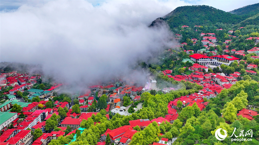 廬山市牯嶺鎮云霧繚繞，美輪美奐，與房屋、綠樹相映成景。人民網 朱海鵬攝