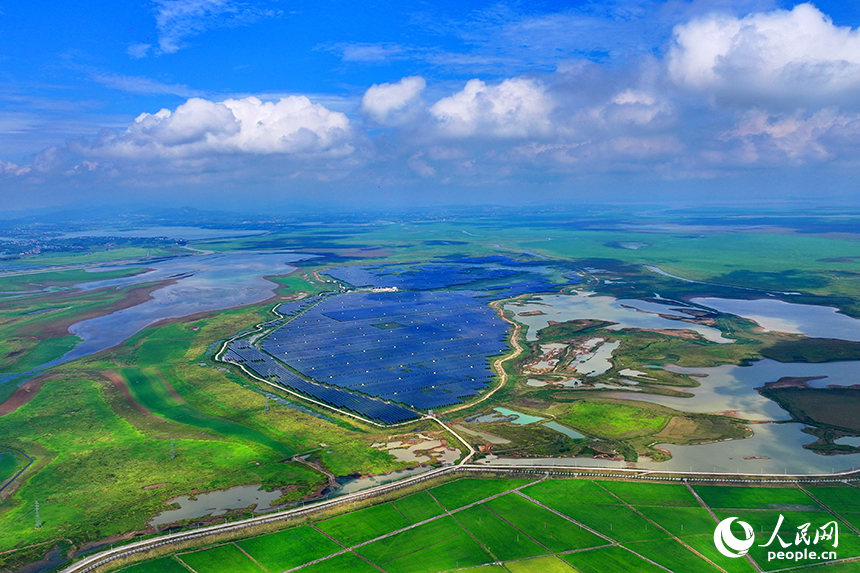 共青城市江益鎮帥家村，連片的藍色光伏發電板整齊排列、蔚為壯觀，與農田、湖泊等構成一幅色彩斑斕的田園畫卷。人民網 朱海鵬攝