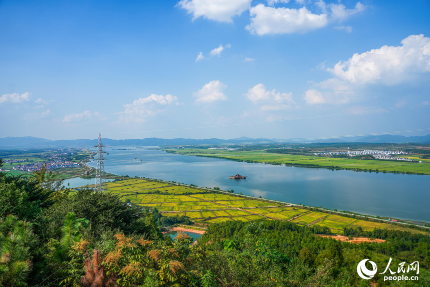 贛江江畔田野村落與輸電塔錯落分布。人民網 涂詩軒攝