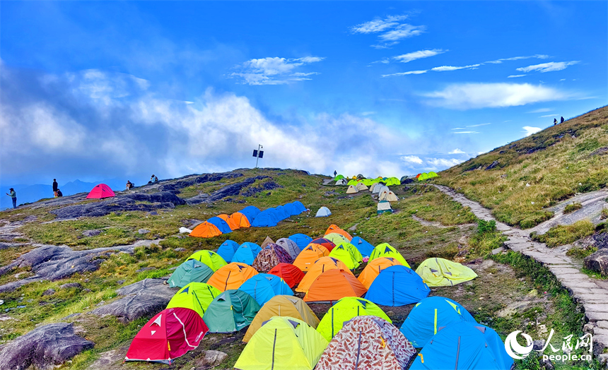 贛州市崇義縣齊云山，眾多游客徒步前來搭帳篷游玩，暢享戶外休閑露營樂趣。朱海鵬攝