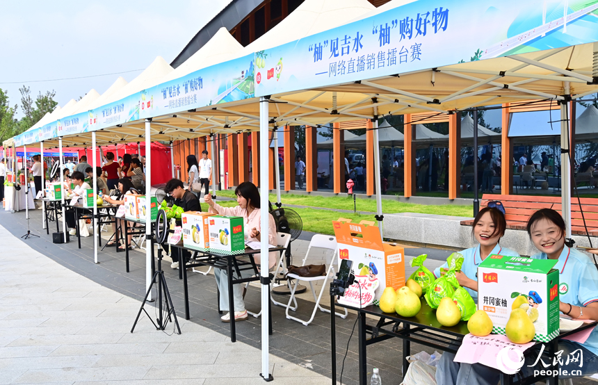 活動現場，參加網絡直播銷售擂臺賽的主播們通過直播助力井岡蜜柚銷售。人民網 朱海鵬攝