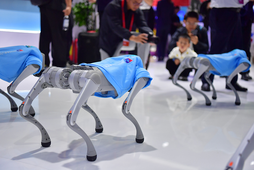 中國電信展位上，跳舞的機器狗吸引人們駐足圍觀。人民網記者 時雨攝