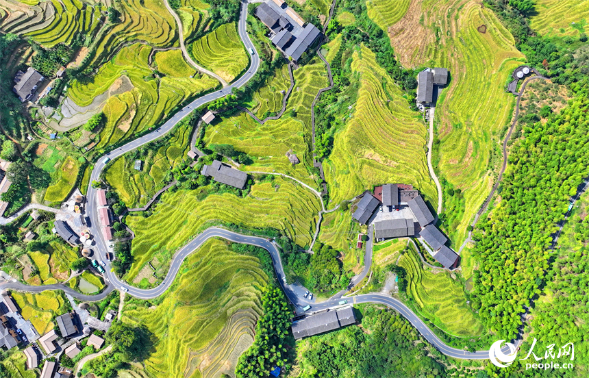 贛州市崇義縣上堡鄉，通村柏油公路串聯起層層疊疊的梯田，吸引了不少游客驅車前來游玩。人民網 朱海鵬攝