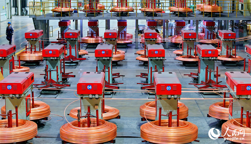 位于撫州市崇仁縣高新技術園區的一家電氣公司智能化生產車間內，工人在趕制電磁線訂單產品。人民網 朱海鵬攝