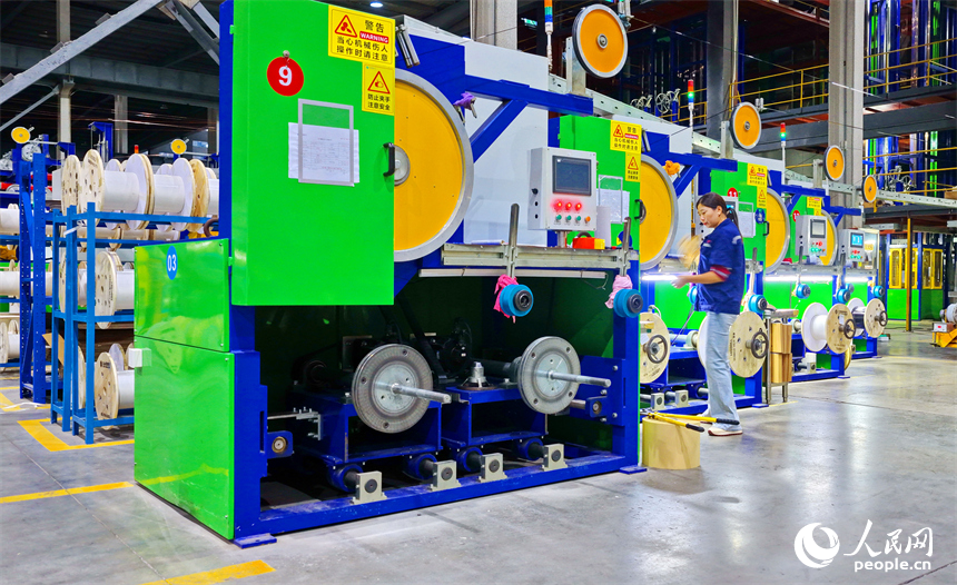 位于撫州市崇仁縣高新技術園區的一家電氣公司智能化生產車間內，工人在趕制電磁線訂單產品。人民網 朱海鵬攝