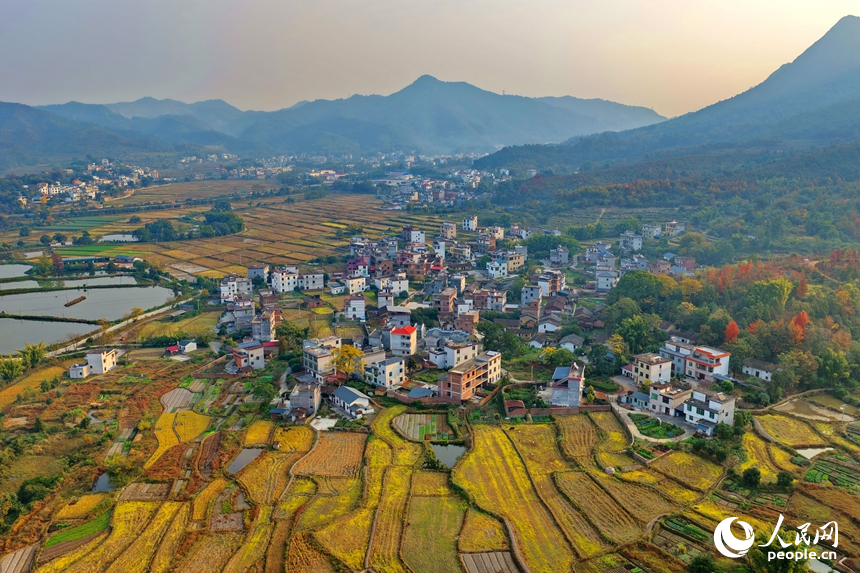 南康區龍回鎮龍東村，綿延山巒與房屋、農田、樹木相互映襯，構成一幅色彩繽紛的冬日鄉村畫卷，吸引眾多游客前來游玩。人民網記者 朱海鵬攝